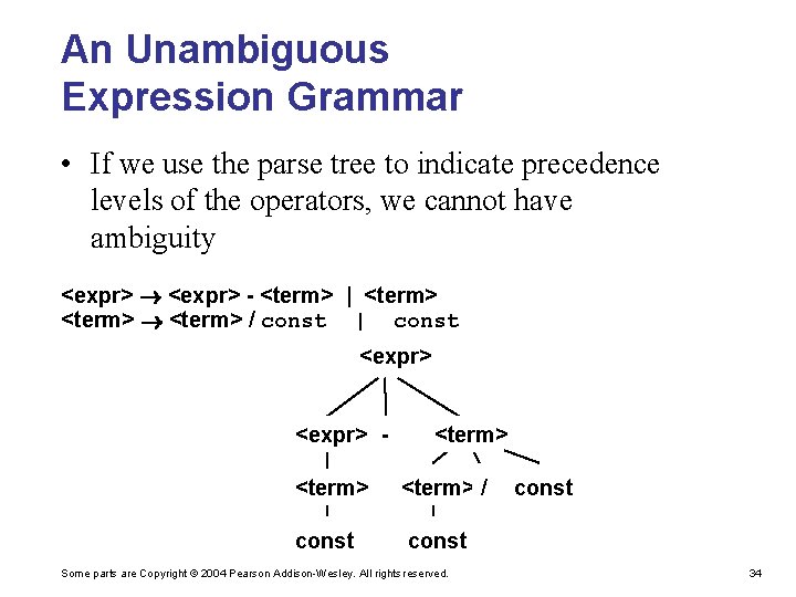 An Unambiguous Expression Grammar • If we use the parse tree to indicate precedence