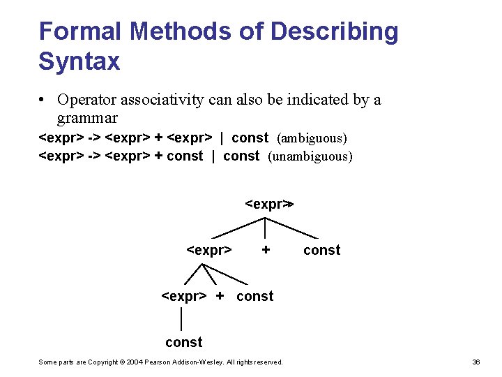 Formal Methods of Describing Syntax • Operator associativity can also be indicated by a