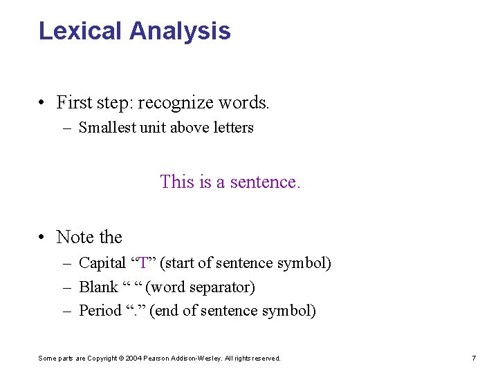 Lexical Analysis • First step: recognize words. – Smallest unit above letters This is