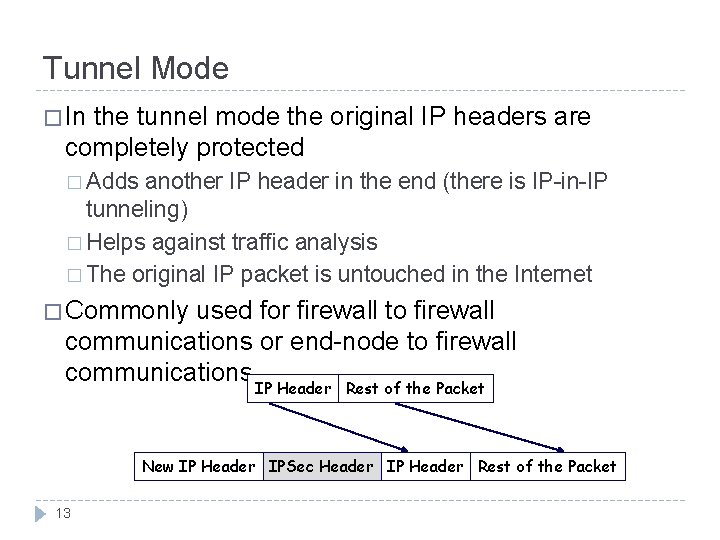 Tunnel Mode � In the tunnel mode the original IP headers are completely protected Tunnel Mode � In the tunnel mode the original IP headers are completely protected