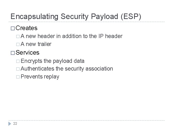 Encapsulating Security Payload (ESP) � Creates �A new header in addition to the IP Encapsulating Security Payload (ESP) � Creates �A new header in addition to the IP