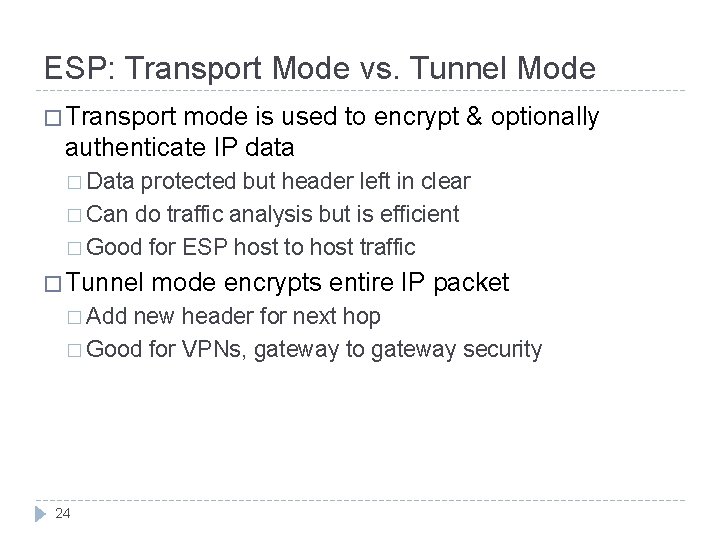 ESP: Transport Mode vs. Tunnel Mode � Transport mode is used to encrypt & ESP: Transport Mode vs. Tunnel Mode � Transport mode is used to encrypt &