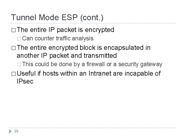 Tunnel Mode ESP (cont. ) � The entire IP packet is encrypted � Can Tunnel Mode ESP (cont. ) � The entire IP packet is encrypted � Can