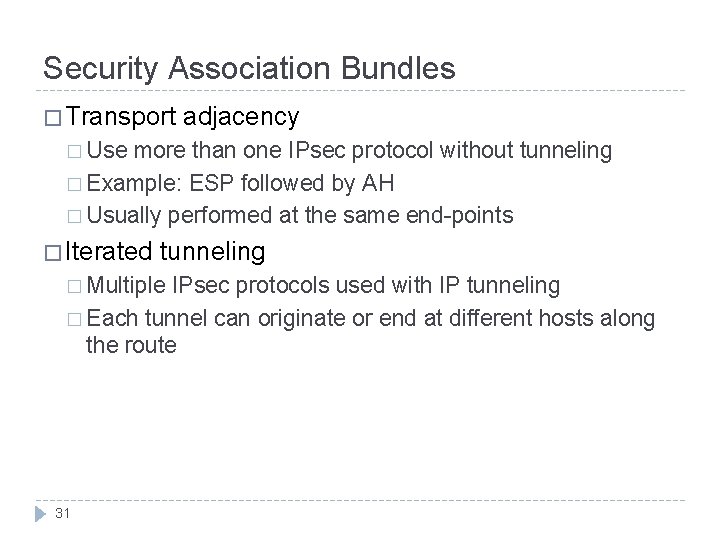 Security Association Bundles � Transport adjacency � Use more than one IPsec protocol without Security Association Bundles � Transport adjacency � Use more than one IPsec protocol without