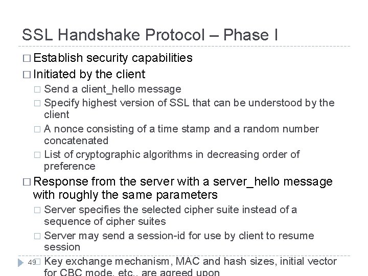 SSL Handshake Protocol – Phase I � Establish security capabilities � Initiated by the SSL Handshake Protocol – Phase I � Establish security capabilities � Initiated by the