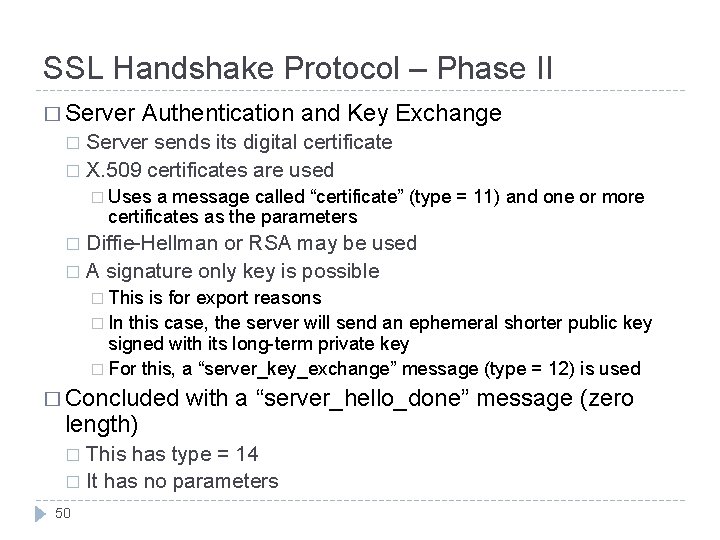 SSL Handshake Protocol – Phase II � Server Authentication and Key Exchange Server sends SSL Handshake Protocol – Phase II � Server Authentication and Key Exchange Server sends