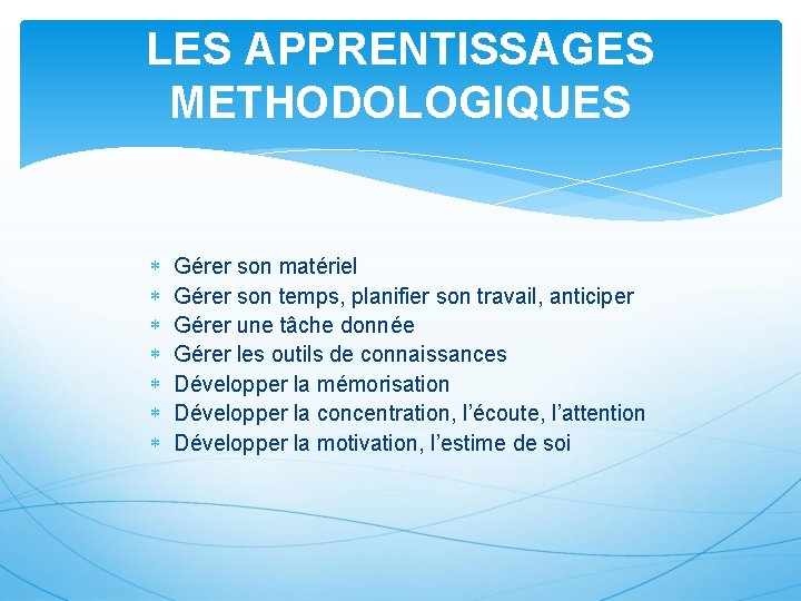 LES APPRENTISSAGES METHODOLOGIQUES Gérer son matériel Gérer son temps, planifier son travail, anticiper Gérer