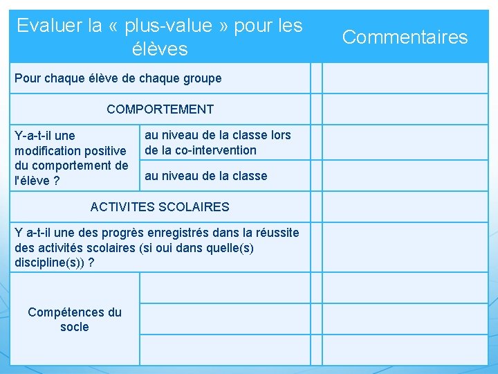 Evaluer la « plus-value » pour les élèves Pour chaque élève de chaque groupe
