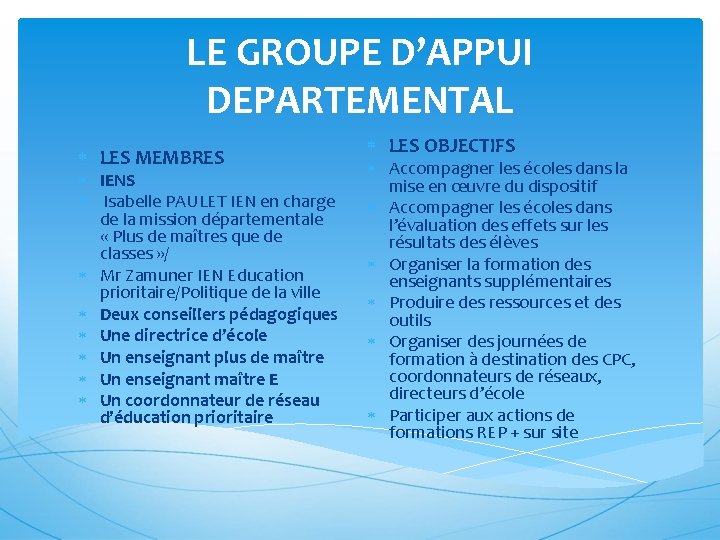 LE GROUPE D’APPUI DEPARTEMENTAL LES MEMBRES IENS Isabelle PAULET IEN en charge de la