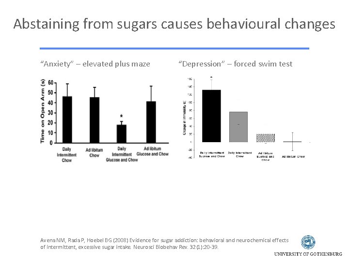 Abstaining from sugars causes behavioural changes “Anxiety” – elevated plus maze “Depression” – forced