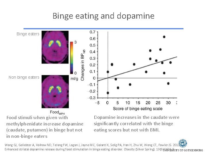 Binge eating and dopamine Binge eaters Non binge eaters Food stimuli when given with