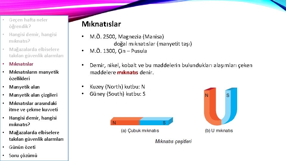  • Geçen hafta neler öğrendik? • Hangisi demir, hangisi mıknatıs? • Mağazalarda elbiselere