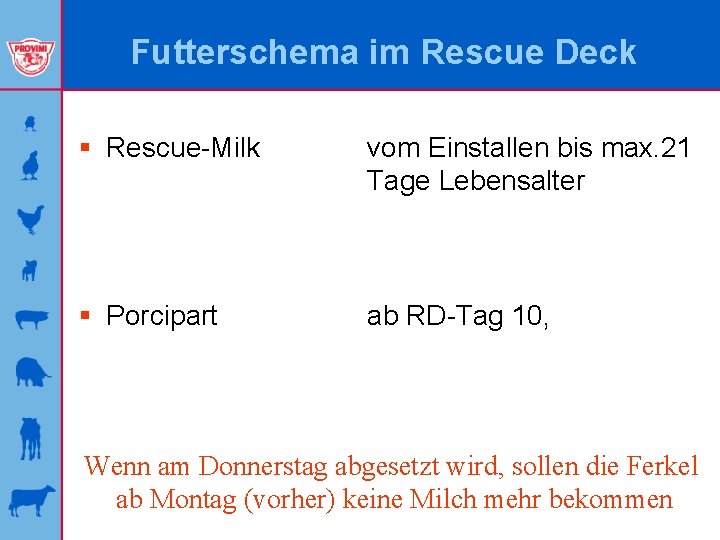 Futterschema im Rescue Deck § Rescue-Milk vom Einstallen bis max. 21 Tage Lebensalter §