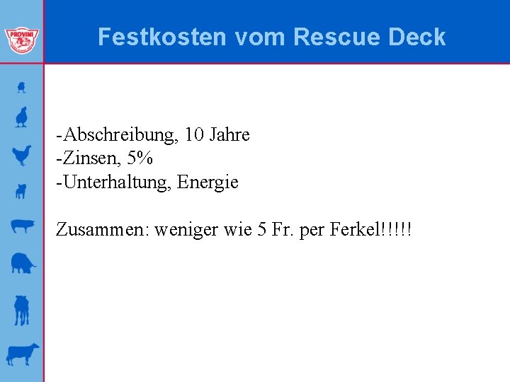 Festkosten vom Rescue Deck -Abschreibung, 10 Jahre -Zinsen, 5% -Unterhaltung, Energie Zusammen: weniger wie