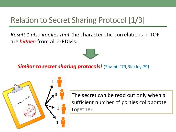 Relation to Secret Sharing Protocol [1/3] Result 1 also implies that the characteristic correlations