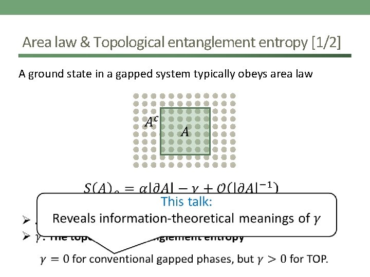 Area law & Topological entanglement entropy [1/2] A ground state in a gapped system