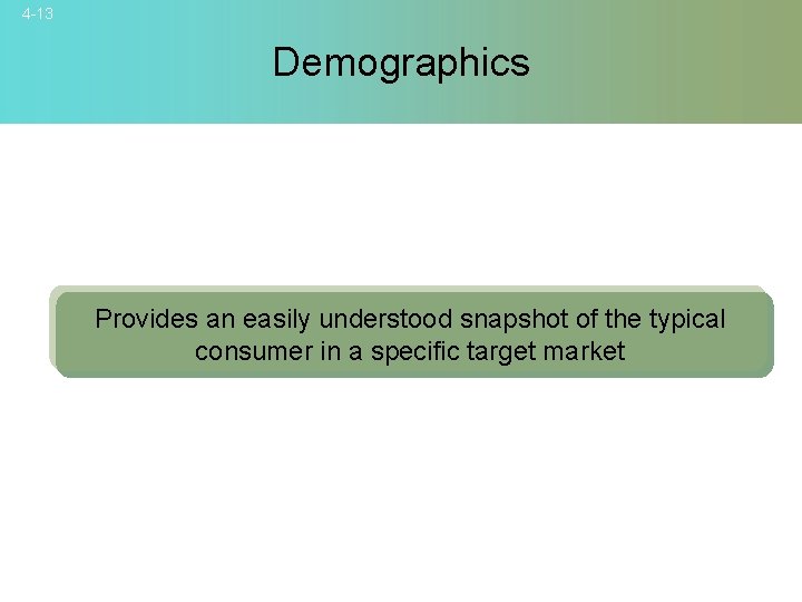 4 -13 Demographics Provides an easily understood snapshot of the typical consumer in a