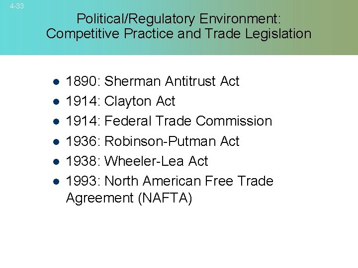4 -33 Political/Regulatory Environment: Competitive Practice and Trade Legislation l l l 1890: Sherman