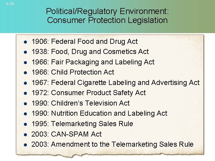 4 -34 Political/Regulatory Environment: Consumer Protection Legislation l l l 1906: Federal Food and
