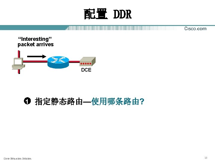 配置 DDR “Interesting” packet arrives DCE 1 Cisxo Education Solution 指定静态路由—使用哪条路由? 15 