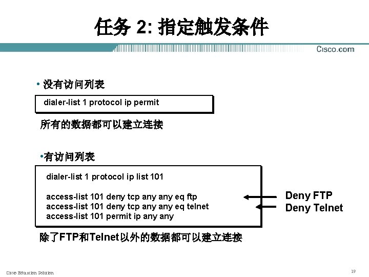 任务 2: 指定触发条件 • 没有访问列表 dialer-list 1 protocol ip permit 所有的数据都可以建立连接 • 有访问列表 dialer-list