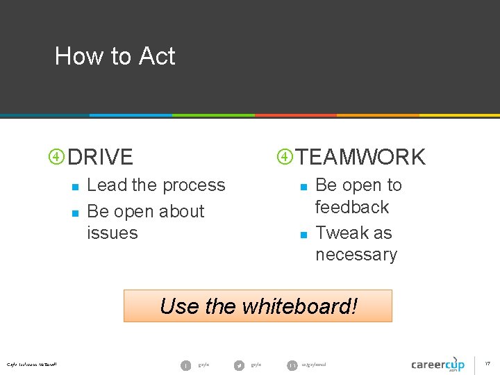 How to Act DRIVE n n TEAMWORK Lead the process Be open about issues