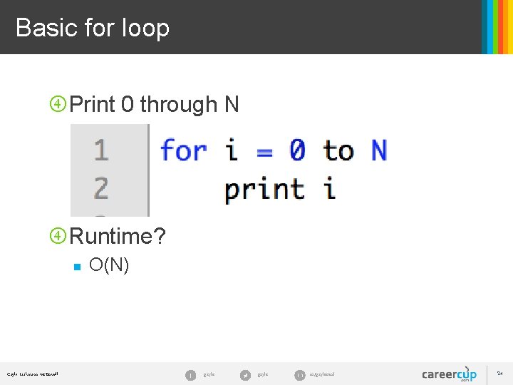 Basic for loop Print 0 through N Runtime? n Gayle Laakmann Mc. Dowell O(N)
