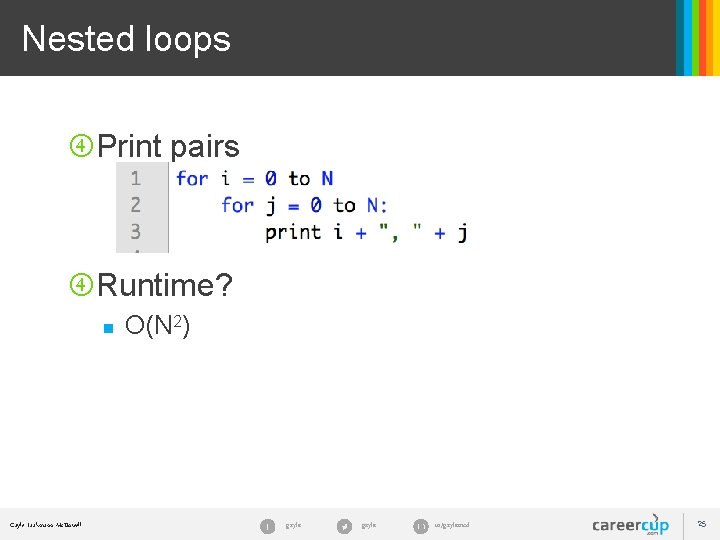 Nested loops Print pairs Runtime? n Gayle Laakmann Mc. Dowell O(N 2) gayle in/gaylemcd