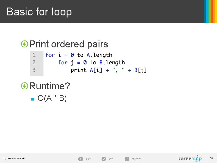 Basic for loop Print ordered pairs Runtime? n Gayle Laakmann Mc. Dowell O(A *