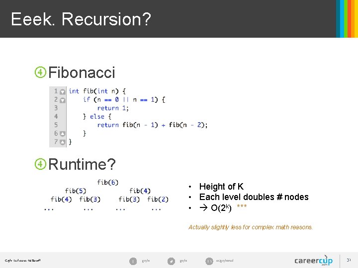 Eeek. Recursion? Fibonacci Runtime? • Height of K • Each level doubles # nodes