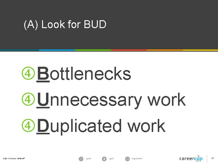 (A) Look for BUD Bottlenecks Unnecessary work Duplicated work Gayle Laakmann Mc. Dowell gayle