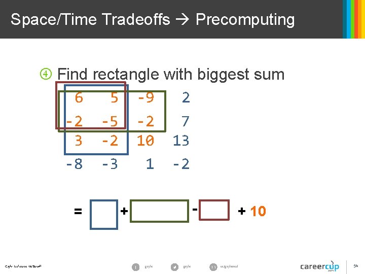 Space/Time Tradeoffs Precomputing Find rectangle with biggest sum 6 5 -9 2 -2 -5