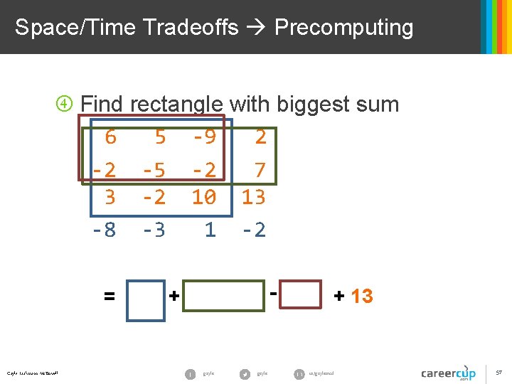Space/Time Tradeoffs Precomputing Find rectangle with biggest sum 6 5 -9 2 -2 -5