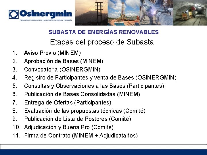 SUBASTA DE ENERGÍAS RENOVABLES Etapas del proceso de Subasta 1. 2. 3. 4. 5.