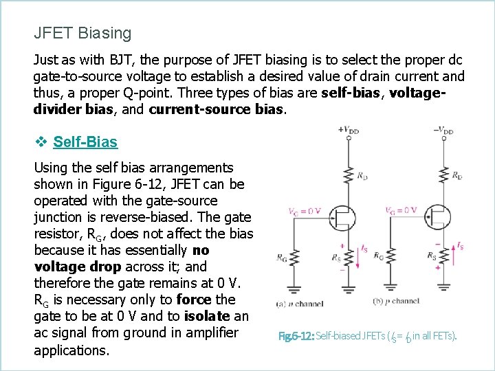 JFET Biasing Just as with BJT, the purpose of JFET biasing is to select