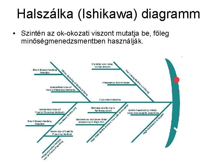Halszálka (Ishikawa) diagramm • Szintén az ok-okozati viszont mutatja be, főleg minőségmenedzsmentben használják. 