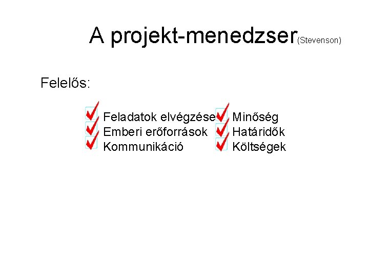 A projekt-menedzser Felelős: Feladatok elvégzése Emberi erőforrások Kommunikáció Minőség Határidők Költségek (Stevenson) 