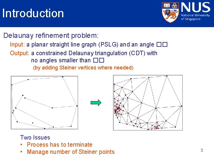Introduction Delaunay refinement problem: Input: a planar straight line graph (PSLG) and an angle