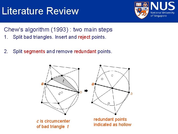 Literature Review Chew’s algorithm (1993) : two main steps 1. Split bad triangles. Insert