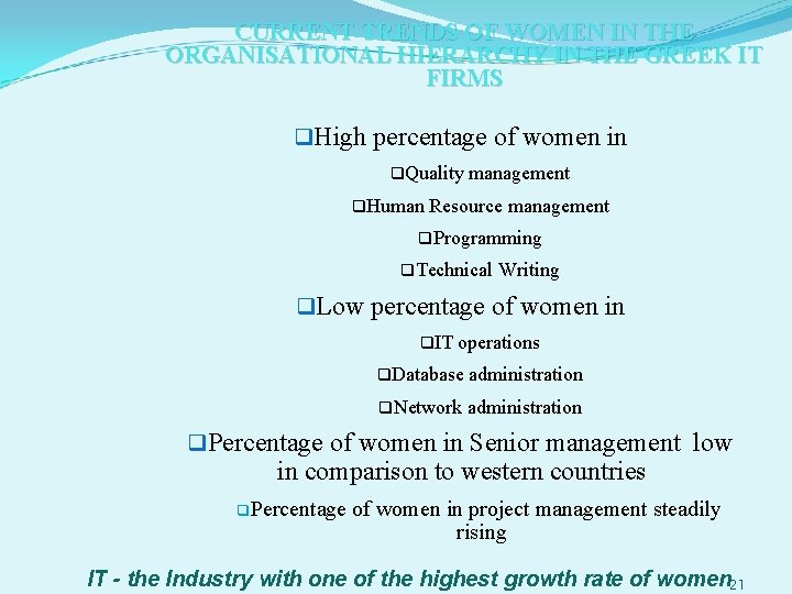 CURRENT TRENDS OF WOMEN IN THE ORGANISATIONAL HIERARCHY IN THE GREEK IT FIRMS q.