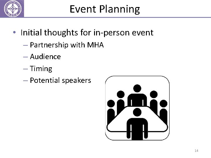 Event Planning • Initial thoughts for in-person event – Partnership with MHA – Audience