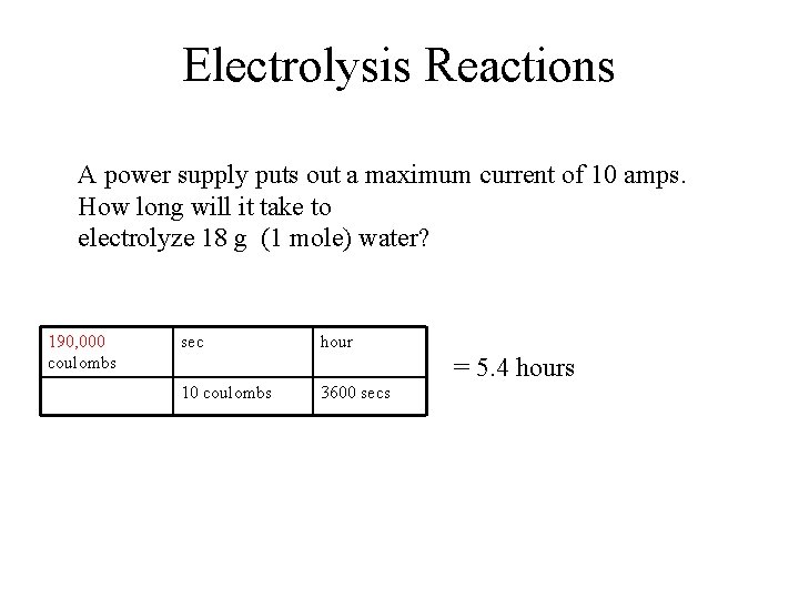 Electrolysis Reactions A power supply puts out a maximum current of 10 amps. How