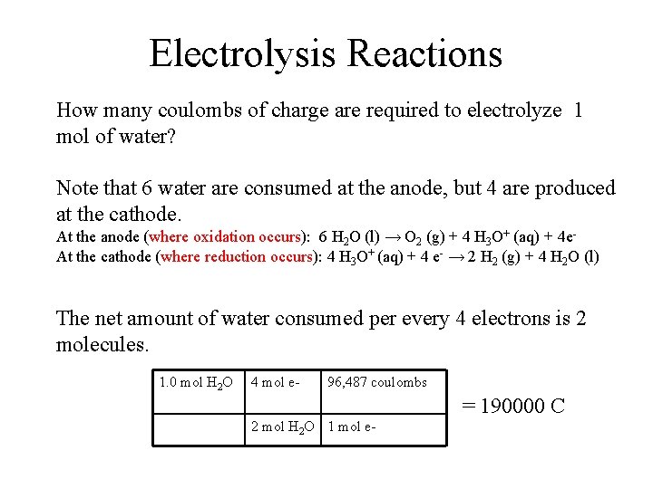 Electrolysis Reactions How many coulombs of charge are required to electrolyze 1 mol of