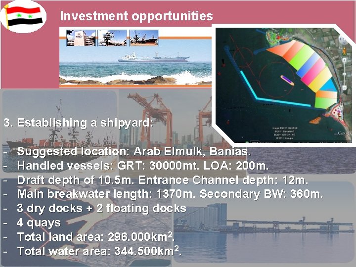 Investment opportunities 3. Establishing a shipyard: - Suggested location: Arab Elmulk, Banias. Handled vessels: