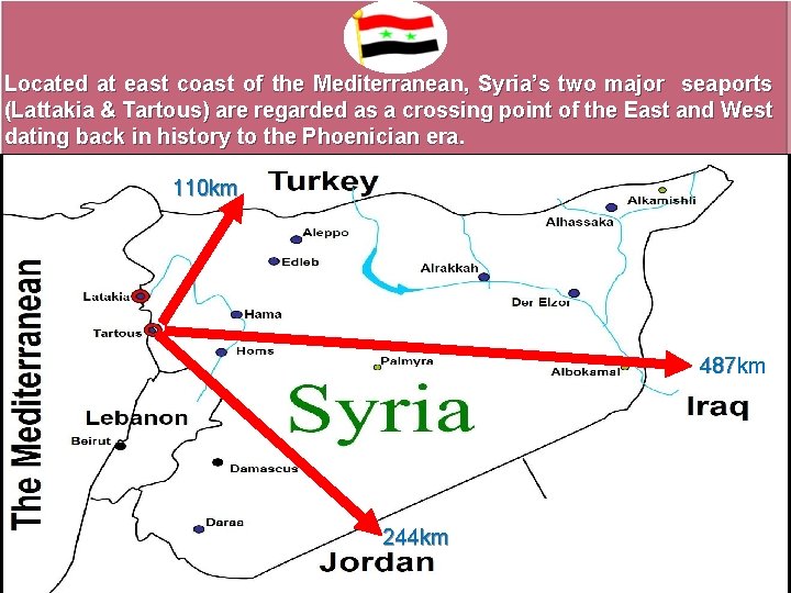 Located at east coast of the Mediterranean, Syria’s two major seaports (Lattakia & Tartous)