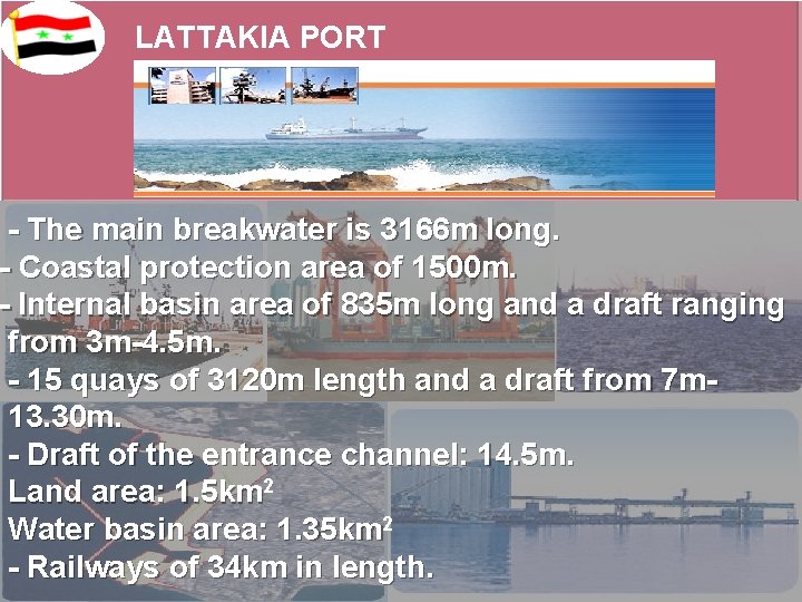 LATTAKIA PORT - The main breakwater is 3166 m long. - Coastal protection area