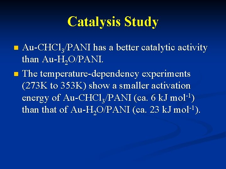 Catalysis Study Au-CHCl 3/PANI has a better catalytic activity than Au-H 2 O/PANI. n