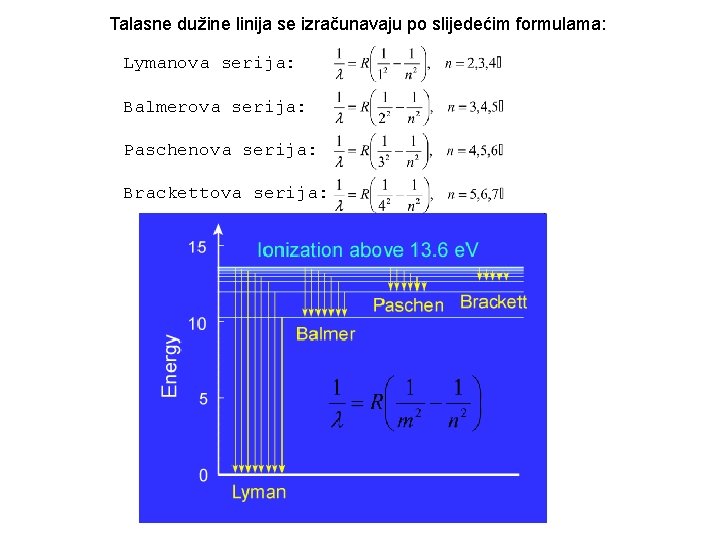 Talasne dužine linija se izračunavaju po slijedećim formulama: Lymanova serija: Balmerova serija: Paschenova serija: