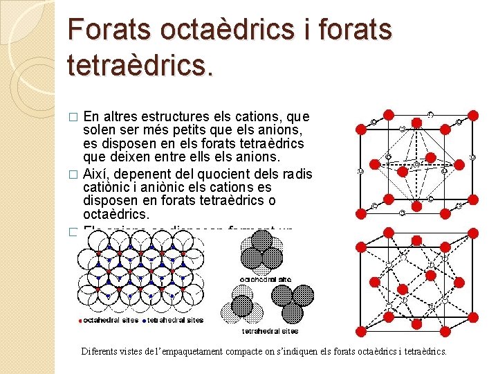 Forats octaèdrics i forats tetraèdrics. En altres estructures els cations, que solen ser més
