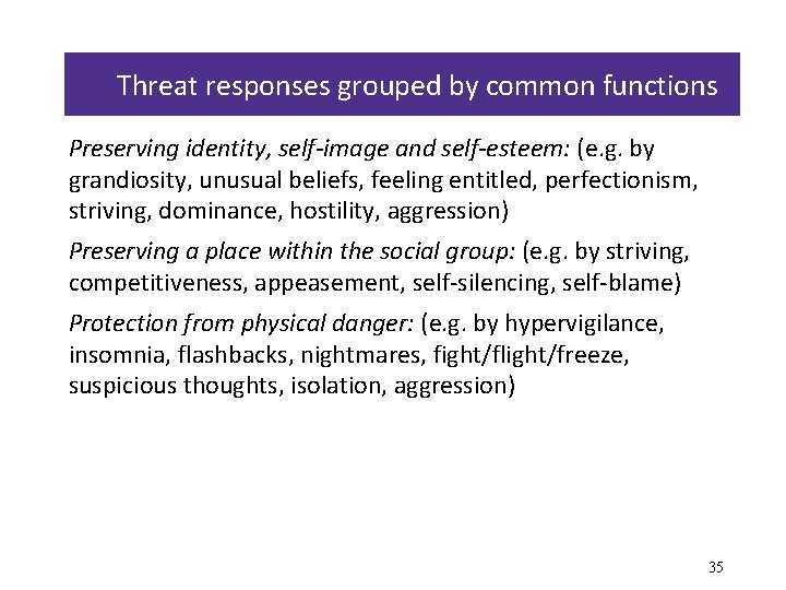 Threat responses grouped by common functions Preserving identity, self-image and self-esteem: (e. g. by